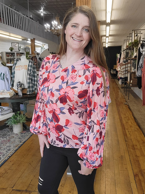 Pink Floral V-neck Long Sleeve Blouse