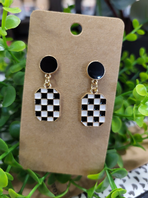 Black & White Checkered Dangle Earrings